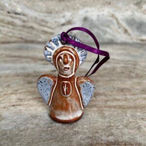 Handmade Aztec Ceramic Clay Angel Bell Ornament Art Pottery Purple Ribbon Hanger